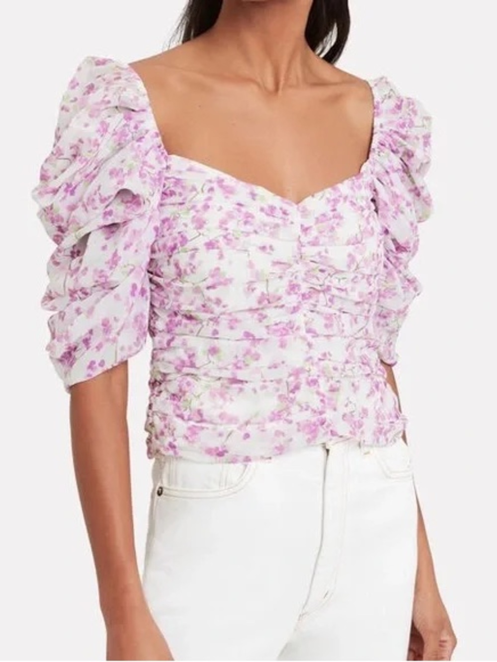 CAROLINE CONSTAS Purple Floral Puff Sleeve Ruched Blouse